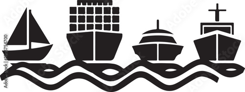 Four distinct types of ships sailing on wavy waters together in a stylized illustration Vector