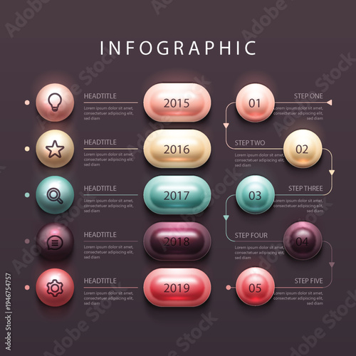 An infographic template with a dark background and colorful steps for a presentation
