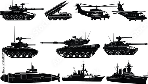 Military vehicle and equipment silhouette vector illustration set featuring tanks, missile launchers, helicopters, aircraft, submarines, and warships, creative resource for defense, combat, and 