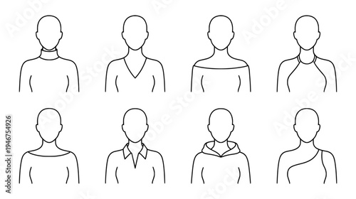 Minimalist black line art avatars representing women with various shirt collar and neckline designs