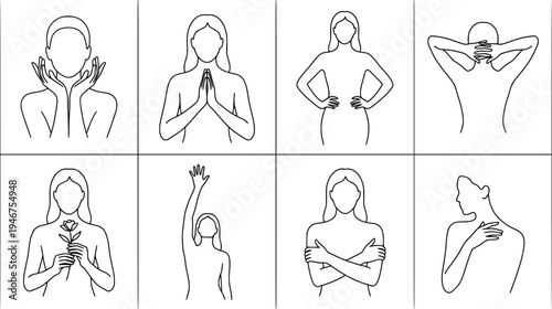Minimalist black line art collection of female silhouettes expressing various hand gestures and body language