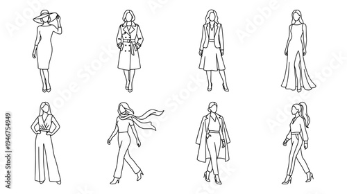 Minimalist line art fashion set featuring women in diverse elegant outfits and stylish poses