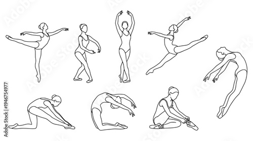 Elegant set of black line drawing ballerina silhouettes performing contemporary and classical dance movements