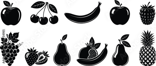 Set of black fruit icons and silhouettes including apple, cherry, banana, raspberry, grape, strawberry, pear, pomegranate, and pineapple isolated on white background for design.