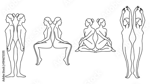 Minimalist black outline of four mirrored pairs of women in yoga and standing positions