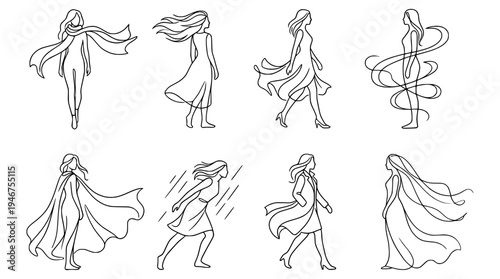 Collection of eight feminine minimalist line art silhouettes in dynamic wind swept fashion poses