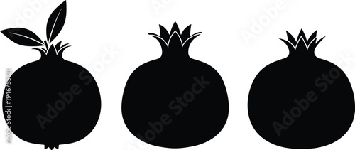 Set of black pomegranate silhouette vector illustrations including fruit with leaves and isolated pomegranate icons on white background for organic food branding and design