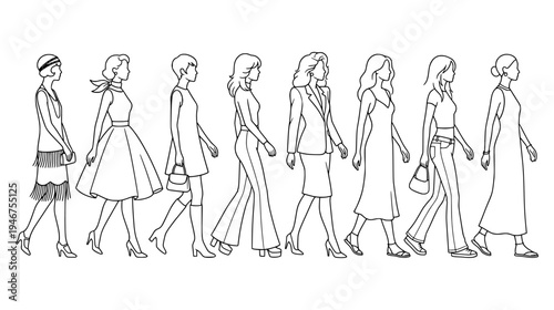 Evolution of female fashion trends through history shown in minimalist black line art