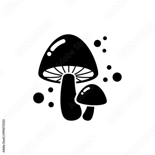 Bold black fantasy mushroom illustration with mystical spores, perfect for magical and whimsical designs
