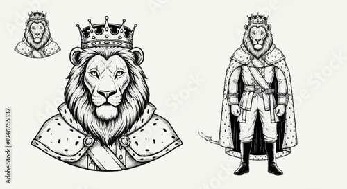 Majestic Lion King Regal Portrait and Full Body Illustration.