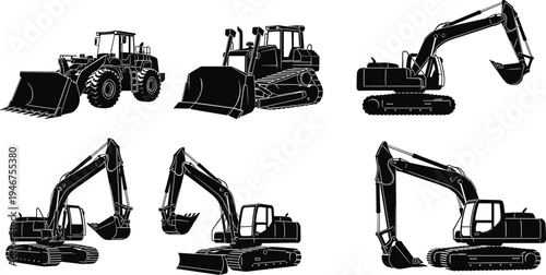 Set of heavy construction machinery black silhouette vector illustrations including excavator bulldozer and wheel loader icons isolated on white background for industrial design project.