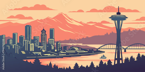 USA, US, U.S, United States - Seattle skyline sunset panorama harbor reflections and mountain backdrop
