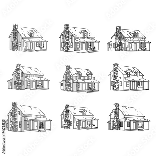 Sketch illustrations of diverse architectural styles for small residential buildings