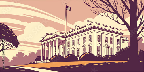 USA, US, U.S, United States - The White House presidential residence sunrise panorama cinematic lighting
