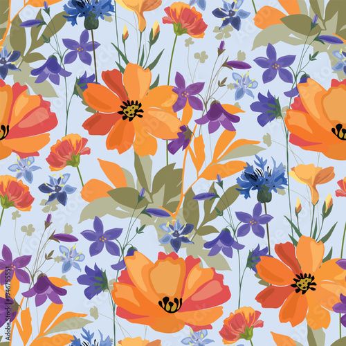 Vector seamless floral pattern with hand drawn flowers. Colorful botanical textile print with nature blossoms. Artistic wallpaper design for fabric, wrapping paper and backdrops.