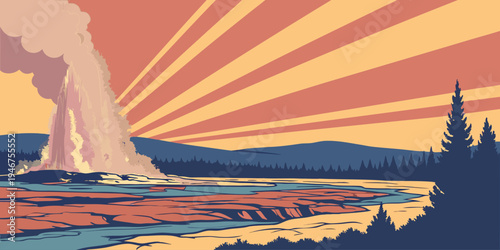 USA, US, U.S, United States - Yellowstone National Park Geyser Eruption Sunrise Panorama | Dramatic Steam‑Filled Geothermal Landscape Wall Art Poster | USA Scenic Print