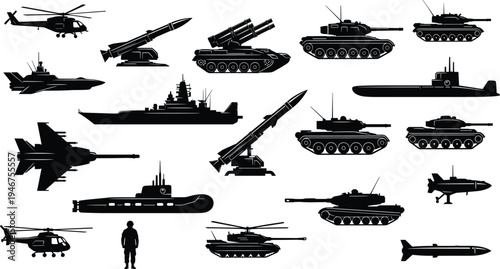 Silhouettes of modern military vehicles and equipment including tanks, helicopters, fighter jets, submarines, warships, missiles, and human scale figure isolated on white background