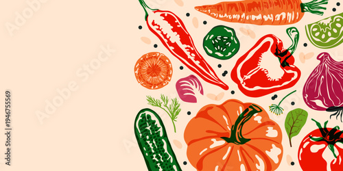 Abstract vegetable background. Natural organic food ingredients banner with fresh green vegetarian farm products cucumber carrot tomato pepper onion greens. Vector illustration
