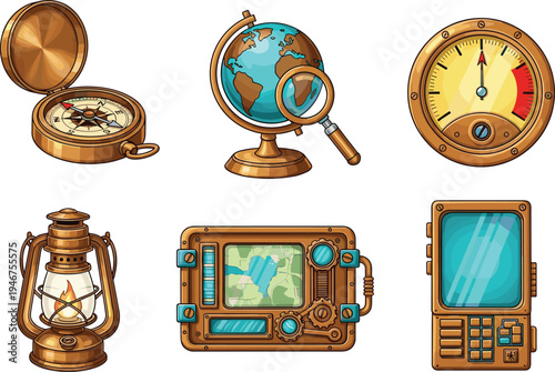 Steampunk exploration silhouette vector illustration set featuring compass, globe, lantern, navigation device, and retro gadgets, creative resource for adventure, travel, and educational design themes