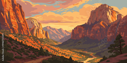 USA, US, U.S, United States - Zion National Park Towering Sandstone Canyon Sunset Panorama | Glowing Cliff Desert Landscape Wall Art Poster | Utah Southwest USA Scenic Print