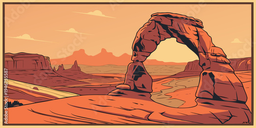 USA, US, U.S, United States - Arches National Park Delicate Arch Glowing Sunset Panorama | Iconic Desert Travel Poster Landscape Wall Art | Utah Southwest USA Scenic Print