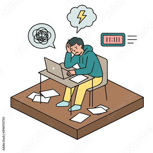 Frustrated man sits at desk with laptop and papers, looking stressed.