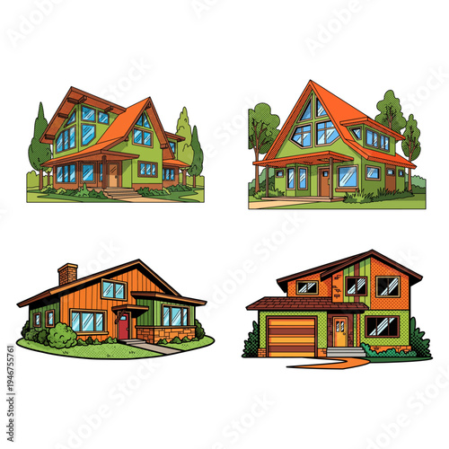 Four colorful and modern house designs in a suburban setting