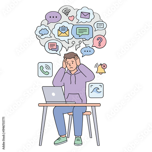 Overwhelmed man sits at desk with laptop surrounded by social media icons and notifications buzzing around his head.