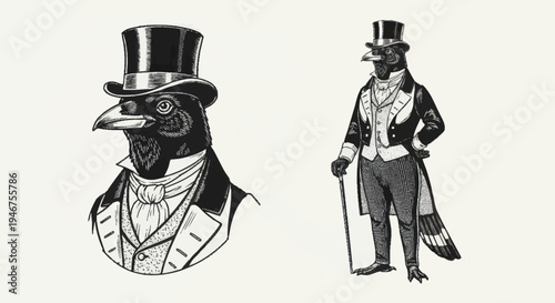 Vintage illustration of anthropomorphic crow in formal attire.
