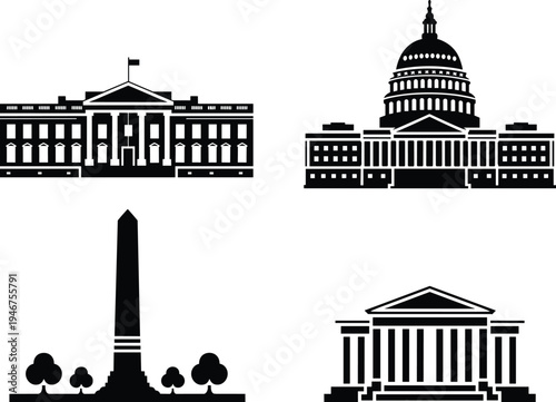 United States government building silhouettes set including presidential residence, capitol dome, monument and courthouse, black landmark icons isolated on white background illustration