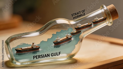 Miniature scene showing ships in a bottle representing the Strait of Hormuz and Persian Gulf at midday
