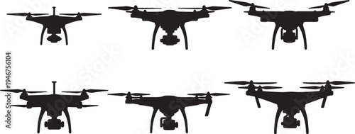 Black Solid Aerial Drone Silhouettes Set of Six on White Background