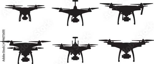 Black Solid Aerial Drone Silhouettes Set of Six on White Background