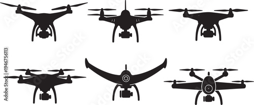 Black Solid Aerial Drone Silhouettes Set of Six on White Background