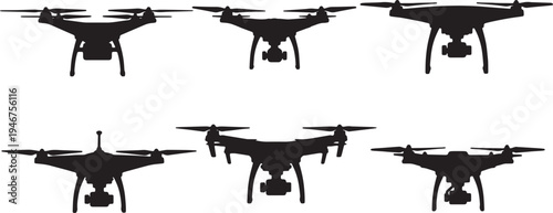 Black Solid Aerial Drone Silhouettes Set of Six on White Background