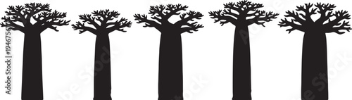 Black Solid African Baobab Tree Silhouettes Set of Six