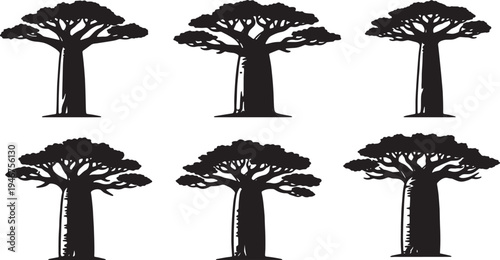 Black Solid African Baobab Tree Silhouettes Set of Six