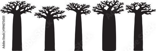 Black Solid African Baobab Tree Silhouettes Set of Six