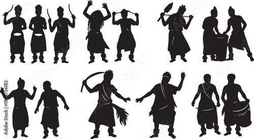 Black Solid African Traditional Dance Silhouettes Set of Six on White Background