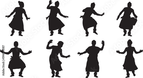 Black Solid African Traditional Dance Silhouettes Set of Six on White Background
