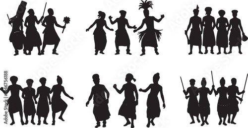 Black Solid African Traditional Dance Silhouettes Set of Six on White Background