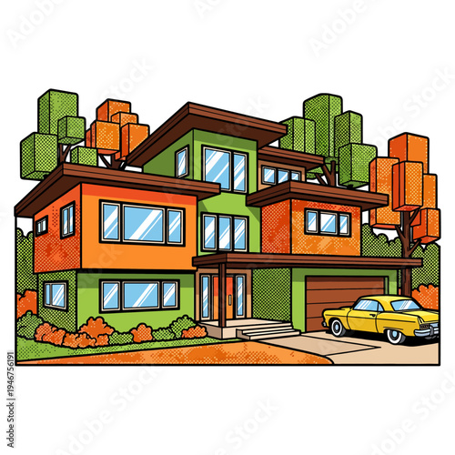 A colorful modern townhouse with a classic car parked in front