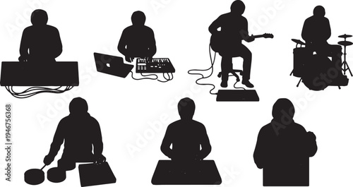 Black Solid Ambient Musicians Silhouettes Set of Six on White Background
