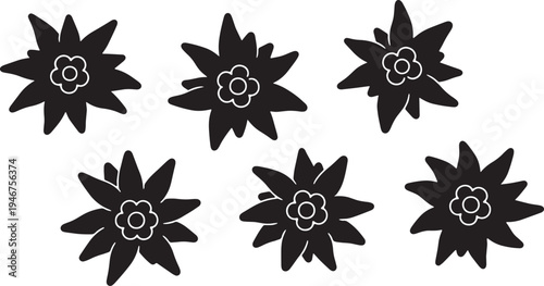 Black Solid Alpine Edelweiss Flower Silhouettes Set of Six