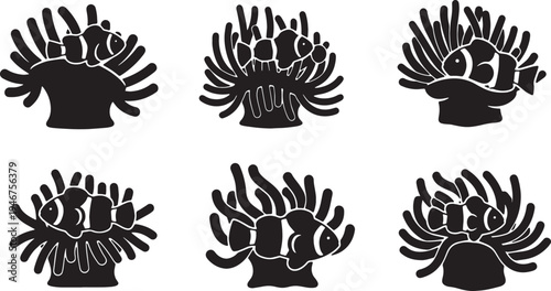 Black Solid Anemone Silhouettes Set of Six on White Background