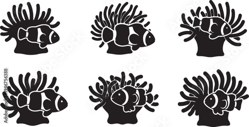 Black Solid Anemone Silhouettes Set of Six on White Background
