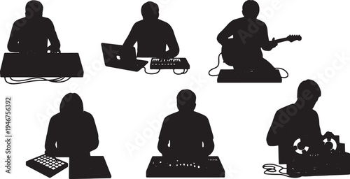 Black Solid Ambient Musicians Silhouettes Set of Six on White Background