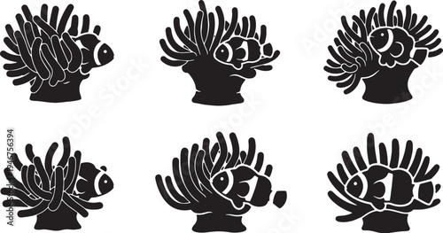 Black Solid Anemone Silhouettes Set of Six on White Background