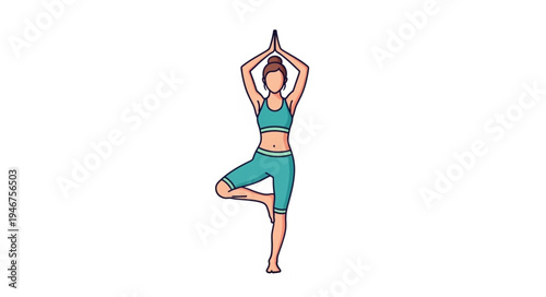 Woman practicing yoga tree pose on white background.