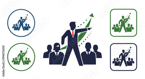 Business leader pointing forward with team following upward growth arrow.